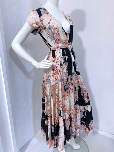 JAASE long DRESS xs FITS 8 & 10 Maxi FLORAL tiered FULL SKIRT button TASSEL - Picture 3 of 13