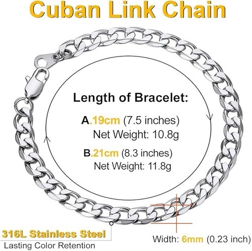 6mm 7.5'' Stainless Steel 316L Sturdy Cuban Link Chain Bracelet For Men Women - Picture 3 of 6