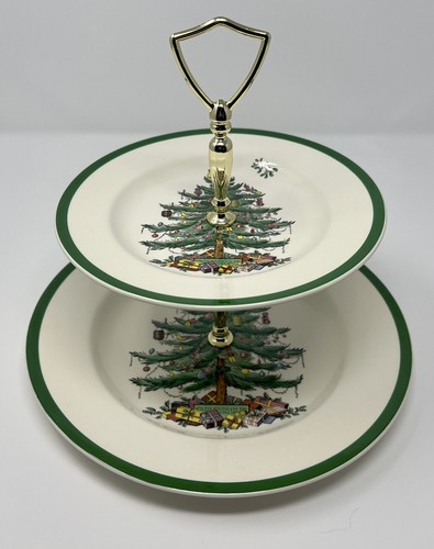 Vintage Spode Christmas Tree Double Tier Appetizer Serving Tray England Box Inc - Picture 7 of 12