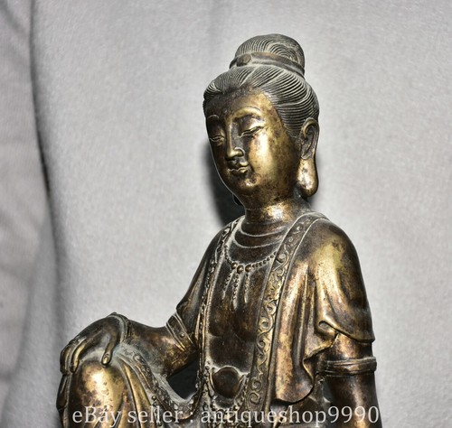 12" Old Chinese Buddhism Copper Kwan-yin Guan Yin Goddess Statue Sculpture - Picture 6 of 10