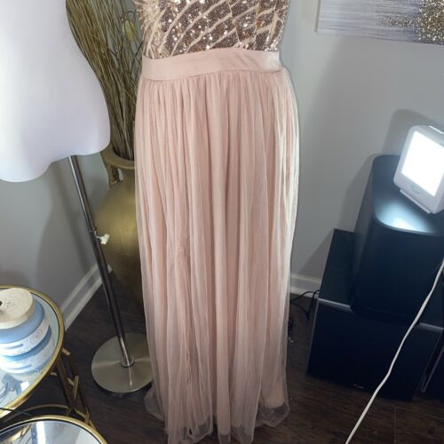 Sequin Pleated Mesh Maxi Dress Rose Gold Sz Large evening formal wedding Gown - Picture 3 of 7