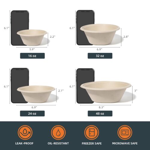 50 Pack 24 Oz Heavy Duty Disposable Paper Bowls Made From Natural Bagasse Ecof - Picture 3 of 8