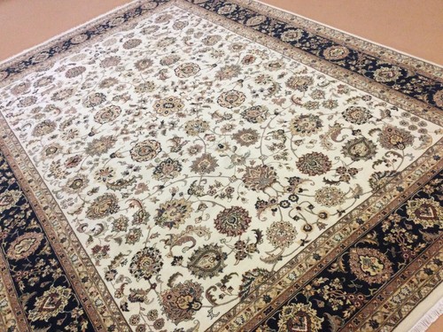 9’ X 12’ Ivory Navy Blue Fine Floral All-Over Hand Knotted Wool Oriental Rug - Picture 1 of 12