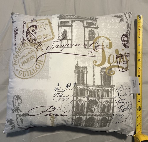1 Cotton Throw Pillows Cushion Home / Paris France 14"x15" Brown & Cream w/Gray - Picture 2 of 7