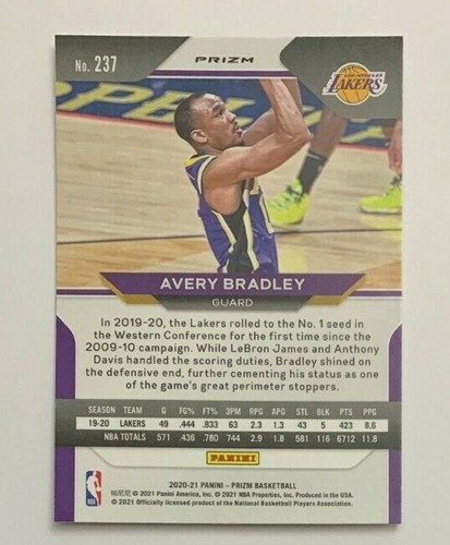 2020-21 Panini Prizm Basketball Avery Bradley LA Lakers Silver Parallel #237! - Picture 2 of 2