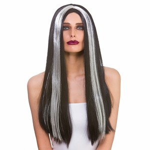 Long Black Silver Streak Wig Ladies Halloween Morticia Fancy