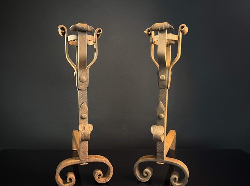Pair Vintage Gothic Style Firedogs (Andirons) - Hand Beaten - Picture 5 of 10