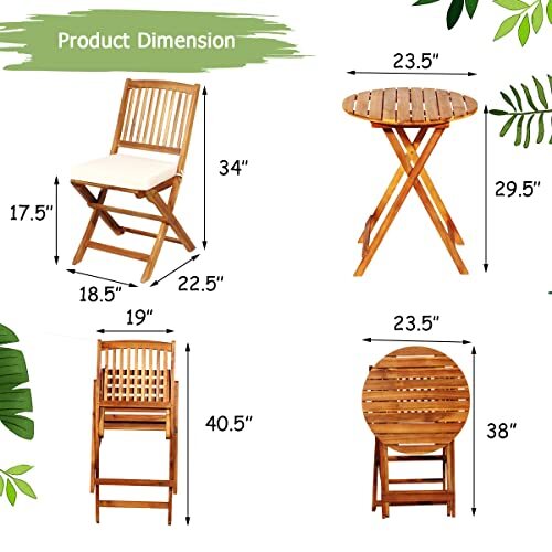 3 Pieces Folding Acacia Wood Bistro Set, Patio Furniture Set with Cushions & - Picture 4 of 8