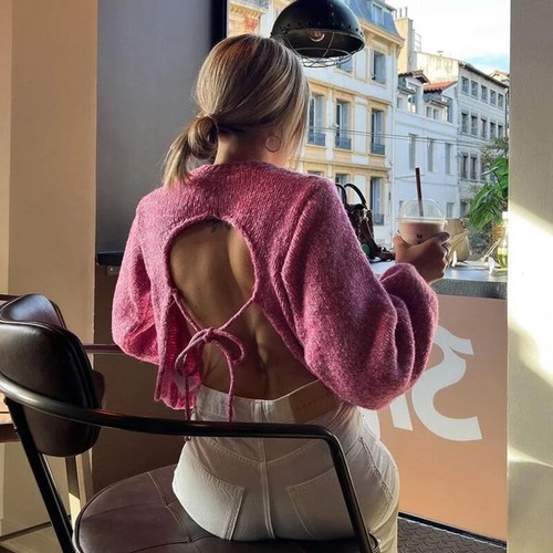 Backless Knit Women's Sweater Autumn O-neck Long Sleeve Top Knitwear - Bild 13 von 25