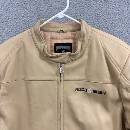 Vintage Rocawear Jacket Womens 2XL Beige Leather Moto Bomber Hip Hop 90s Y2K Zip - Picture 3 of 14