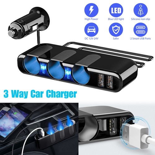 3 Way Car Cigarette Lighter Socket Splitter USB Fast Charger Power Adapter 12V - Picture 2 of 10