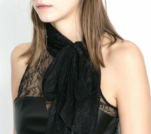 ZARA BLACK FAUX LEATHER TOP SLEEVELESS LACE BLOUSE WITH TIE BOW SCARF size L NEW - Picture 2 of 8