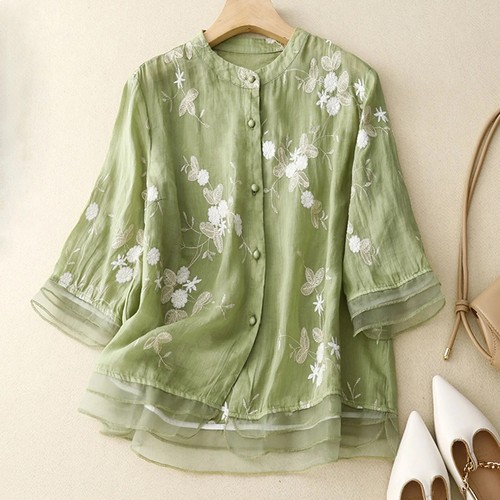 Women'S Cotton Linen Floral Shirts Embroidery Chinese Style Loose Blouse - Bild 13 von 19
