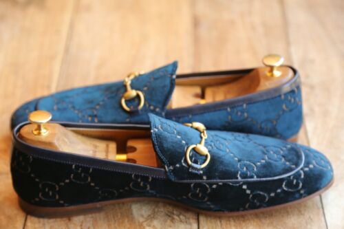 Gucci GG Monogram Blue Velvet Brass Bit Shoes Loafers Shoes Men's UK 11.5 NEW - Picture 3 of 12