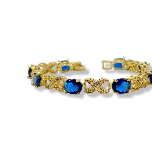 Yellow Gold Finish Blue Sapphire Oval Love and Kisses Tennis Bracelet Gift Box - Picture 3 of 3