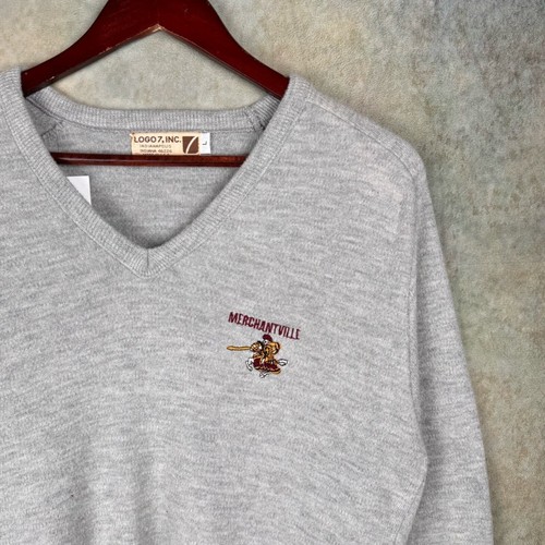 VTG 70s Logo 7 College Knit Sweater Mens Sz L Gray Merchantville V Neck Sports - Picture 6 of 8