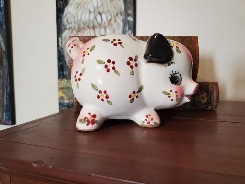 Vintage Lefton Pink Floral Piggy Bank - 090 - Pink & White with Black Ears - Picture 10 of 10
