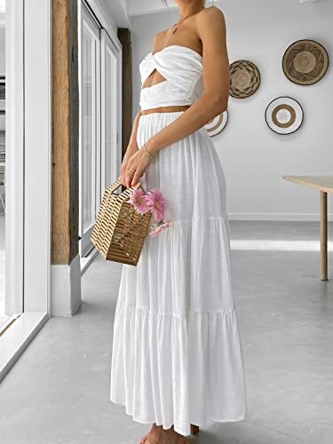 Women’s Summer Boho Flowy Swing Tiered A-Line Midi Skirt 2024 Medium White - Picture 4 of 6