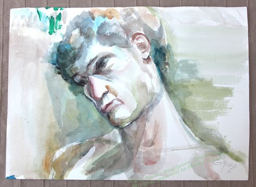 Man portrait model 2010 & nude Woman model sits Aquarel Watercolor art Painting - Picture 2 of 3