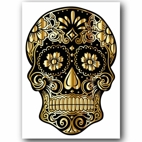 Mexican Skull Roses Gold Black Wall Art Poster Print A3 A4 A5 Size Laminated - Picture 2 of 2