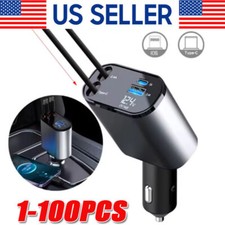 Retractable Car Charger 4 in 1 Fast Car Phone Charger 120W With USB Type C LOT