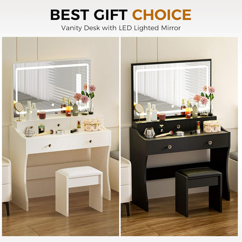 COMHOMA Makeup Vanity Desk with Mirror and Lights, Vanity Table and Chair Set wi - Picture 6 of 12