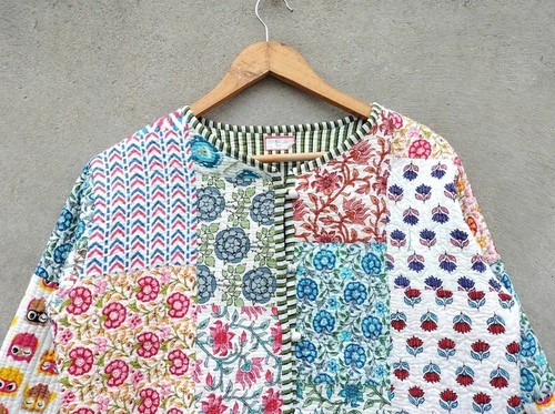 Indian Multi Patchwork Printed Cotton Quilted Jacket Unisex Party Wear jacket US - Picture 6 of 8