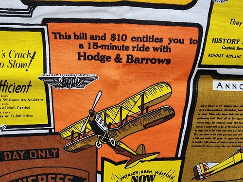 23" X 40" Vintage Early Aviation Plane Ride Ads 48W Cotton Curtain Fabric #0996 - Picture 2 of 12