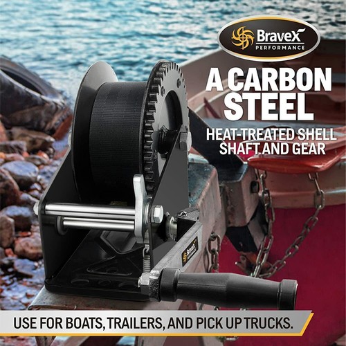 2000lbs Hand Winch Heavy Duty 20ft Webbing Starp Crank Gear ATV Boat Trailer - Picture 2 of 7