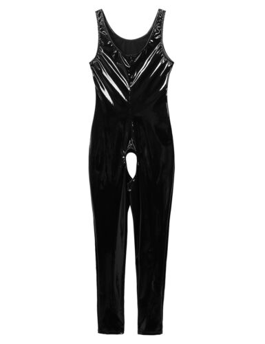 iEFiEL Damen Wetlook Jumpsuit mit Reißverschluss Leder-Look Body Catsuit Overall - Bild 8 von 35