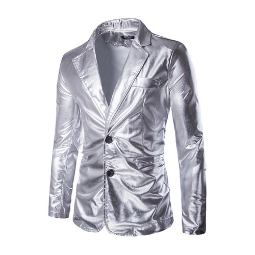 Giacca da uomo in finta pelle look bagnato glitter metallizzato palco con due bottoni cappotto top - Foto 12 di 13