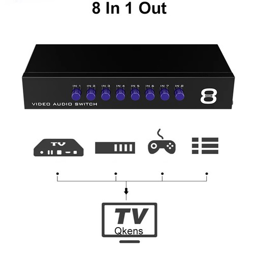Switcher AV video audio 8 porte 8x1 switch AV 8 in 1 uscita per amplificatore TV DVD - Foto 5 di 7