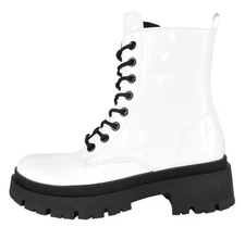 Top Moda Combat Army Boots Lace Up Zipper Lug Sole Booties CYNTHIA White Patent