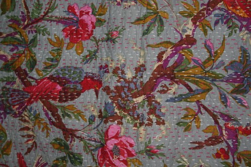 Vintage Hand Made Floral Bird Kantha Quilt Bed Spread Throw Home Decor Boho - Foto 3 di 3