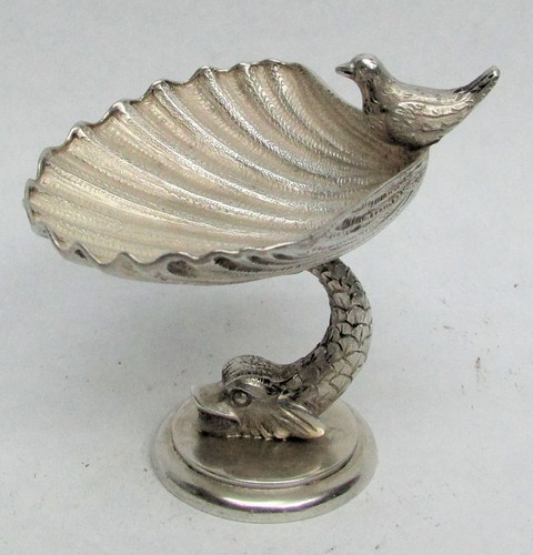 MARAVILLOSO PLATO DE SAL BAÑO PÁJARO PLATA DELFÍN ANTIGUO VINTAGE - Imagen 1 de 4