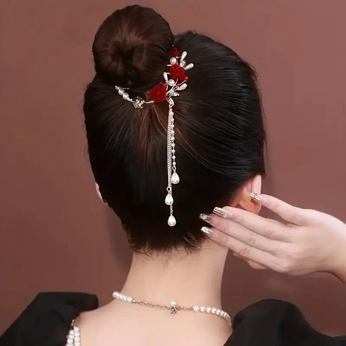Elegant Red Rose Alloy Ponytail Clip Faux Pearl Tassel Women's Hair Accessories - Picture 3 of 7