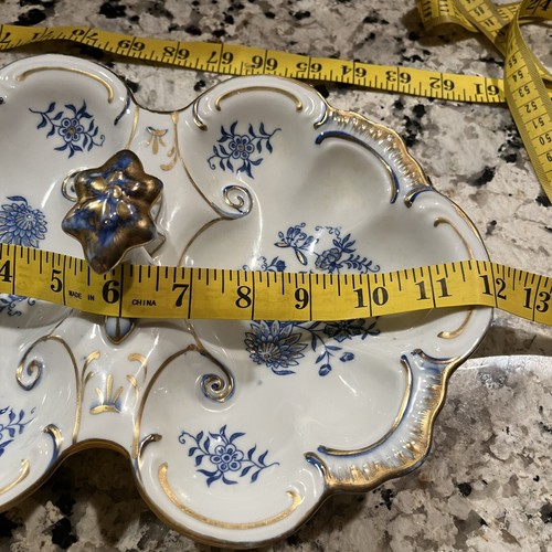 Antique 11" Gold Gilt & Cobalt Two Sided Porcelain Serving Tray Dish w/ Handle - Picture 4 of 5