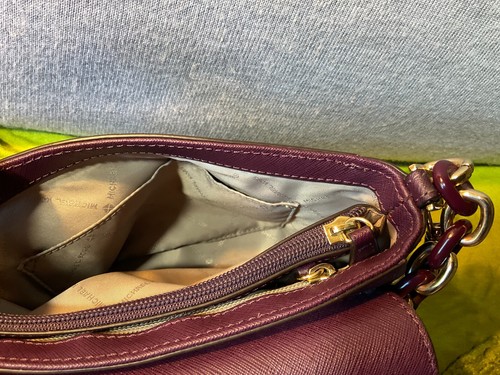 Michael Kors Wine Aubergine Saffiano Leather Flap Snap Chain Hobo Crossbody - Picture 12 of 12