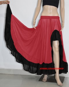Red Chiffon Slit Ruffle Flamenco Skirt Belly Dance Gypsy Ruffle Jupe