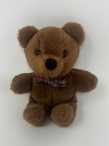 Vintage 5 Zoll 1983 Dakin brauner Plüschbär mit karierter Schleife süßes Stofftier - Bild 1 von 9