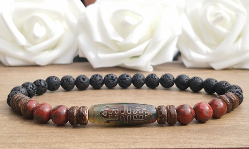 Red Sesame Jasper & Black Lava Stone Spider Tibetan Dzi Style Beaded Bracelet - Picture 2 of 9