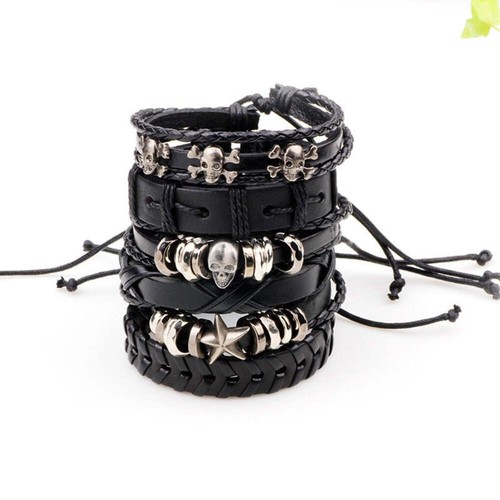 6 Pack Genuine Leather Black Bracelet Skull Starfish Set Men Women Accessories - Picture 2 of 3