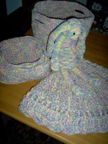 Hand crocheted pastel multicolor toy stuffed bunny, matching items listed a - Picture 3 of 6