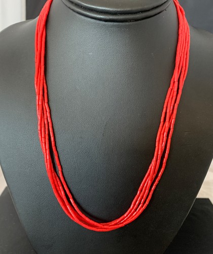 Red Coral Stabilized Heishi 5 Strand Sterling Silver Necklace 20” 2207 - Picture 6 of 12