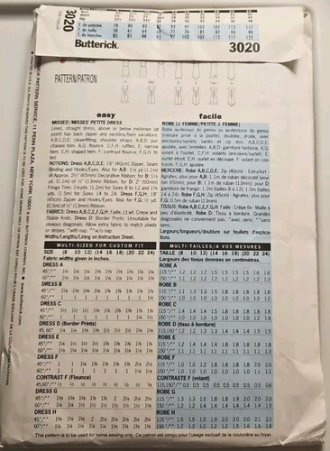 Butterick 3020 Misses/Petite Kleider 9 Stile Größe 8 10 12 Schnittmuster UNGESCHNITTEN - Bild 2 von 2