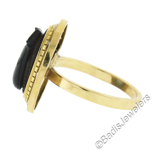 18k Yellow Gold Bezel Set Carved Hard Stone Scarab w/ Rose Cut Diamonds Ring - 第 5/8 張圖片
