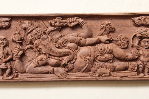 Vintage Hindu God Ganesha Wall Panel Sculpture Hand Carved Wooden Indian Diety - Picture 7 of 8