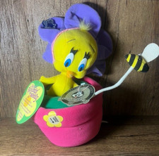 Vintage Looney Tunes Musical Bloomin Tweety Bird Plush with Bee Flower Pot NEW