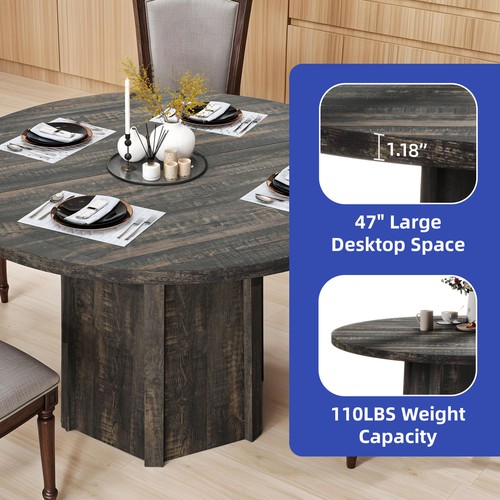 47" Round Dining Table 4 People Solid Wood Dinette Farmhouse Kitchen Rustic Home - Picture 4 of 11
