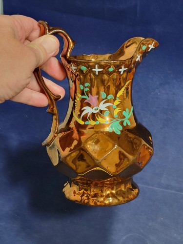 Antiker verzierter Kupfer Glanz Krug handbemalt - Bild 5 von 12